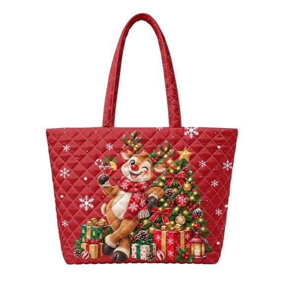Jeiento Christmas Reindeer Print Quilted Oversized Shoulder Tote Bag for Women, Spacious Stitched Carryall for Holiday Shopping, Work, Travel, Xmas Gift