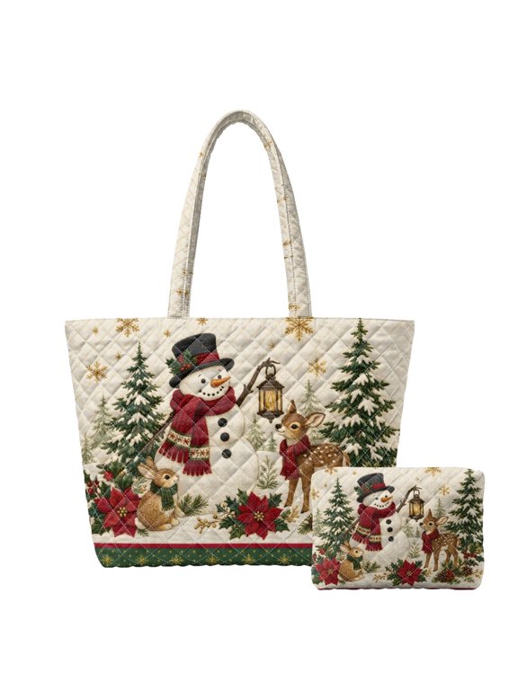Christmas Snowman Deer Print Quilted Tote Bag Set with Matching Cosmetic Pouch Large Capacity Women's Shoulder Purse for Holiday Shopping Work Travel Xmas Gift