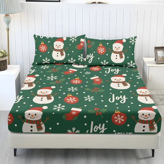 Jeiento Christmas Snowman Print Bed Sheet Set 3 Piece, Soft Breathable Fitted Sheet with 2 Pillow Covers, Festive Holiday Bedding Collection for Bedroom Guest Room