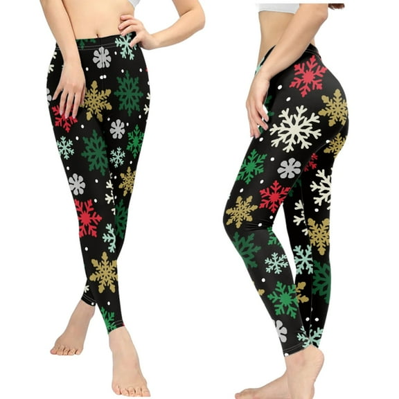 Jeiento Christmas Women's Sports Pants Tummy Control Yoga Leggings Lightweight Xmas Snowflake Full Length High Waist Workout Athletic Pants, Size L