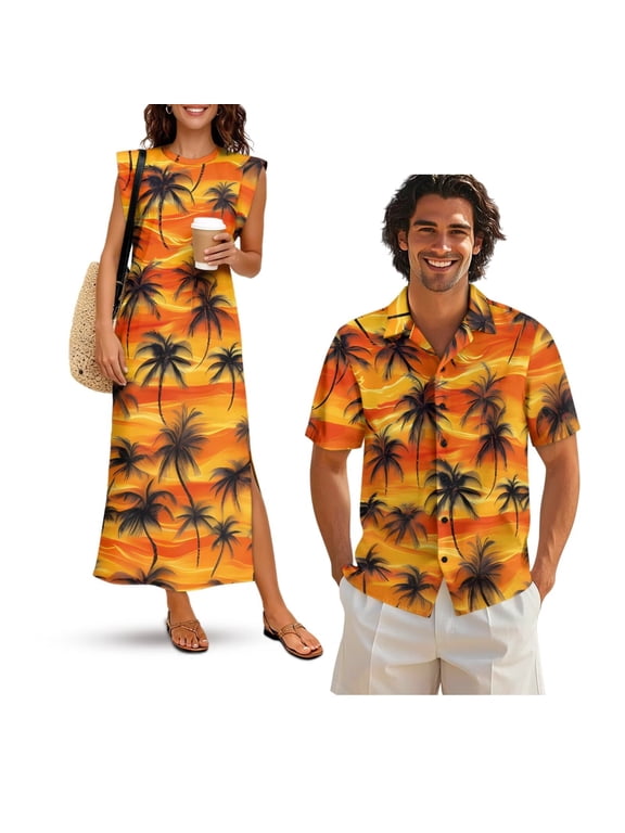 Coconut Tree Matching Beach Outfits for Couples Shirt for Men Beach Dresses for Women Trendy Button Down Short Sleeve Shirt Womens Summer Dresses Size 3XL