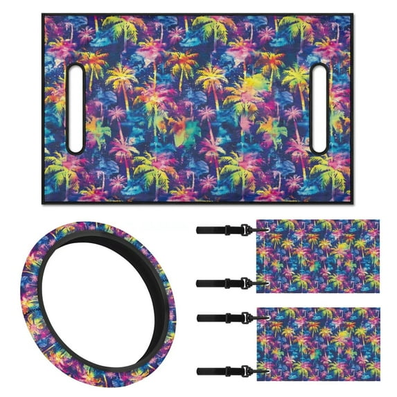 Jeiento Colorful Coconut Tree Golf Cart Accessories Set 4 Pack Golf Cart Seat Cover Golf Cart Steering Wheel Cover Golf Cart Flags Golf Cart Seat Towel Blanket Steering Wheel Cover Protector