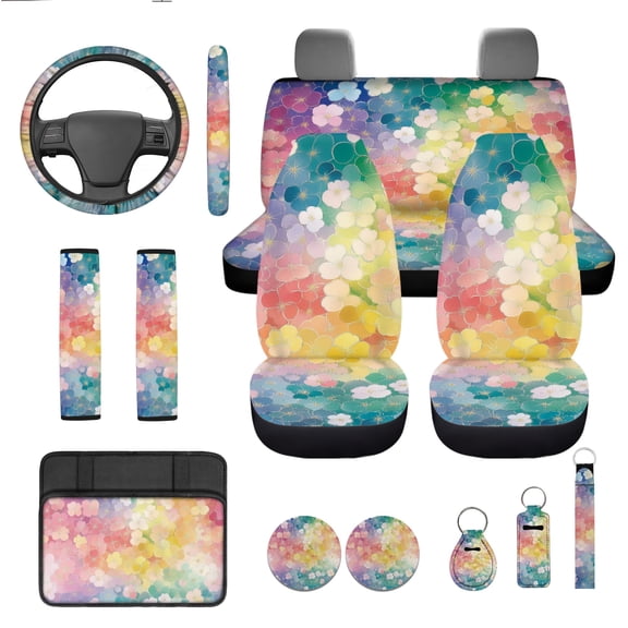 Jeiento Colorful Flower Car Front Back Seat Covers with Steering Wheel Cover Seat Belt Pads Arm Rest Cover Cup Coasters Keychain Chapstick Holder Set of 13 Interior Auto Accessory Universal Fit