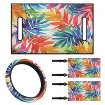 Jeiento Colorful Leaves Golf Cart Accessories 4 Piece Golf Cart Seat Cover Golf Cart Steering Wheel Cover Golf Cart Flags Golf Cart Seat Protector 13-14 Inch Steering Wheel Covers Small Flags