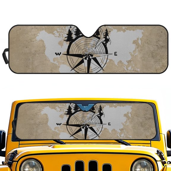 Jeiento Compass Map Windshield Sun Shade for 2007-2023 Wrangler Rubicon Sahara TJ JK JKU 2 & 4 Door-Blocks UV Rays Sun Visor Protector Car Sun Shade Keep Your Vehicle Cool
