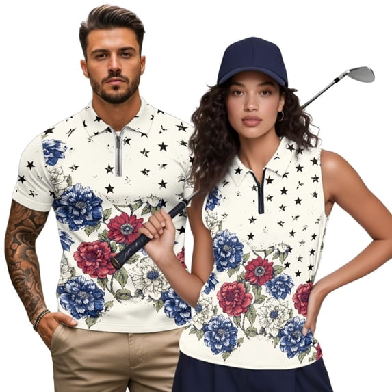 Jeiento Couples Matching Golf Shirts Relaxed Fit Outdoor Running Sweatshirts Couples Athletic Outfits Matching Sets Gym Workout Jogging Exercise, Patriotic Star Flowers Print, Men's S