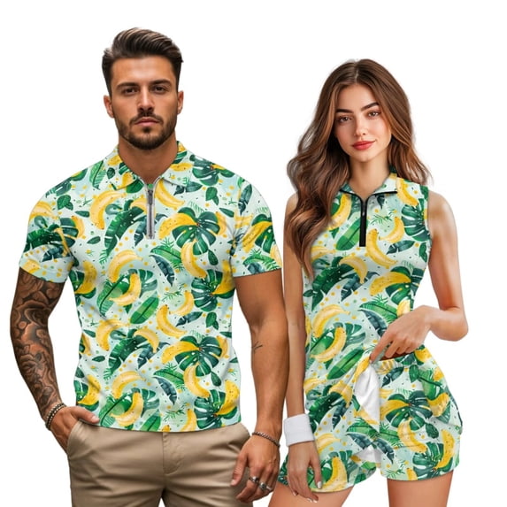 Jeiento Couples Matching Outdoor Outfits Tropical Banana Women's Sporty Sleeveless Dress with Built in Shorts for Running Hiking Men's Short Sleeve Golf Tops