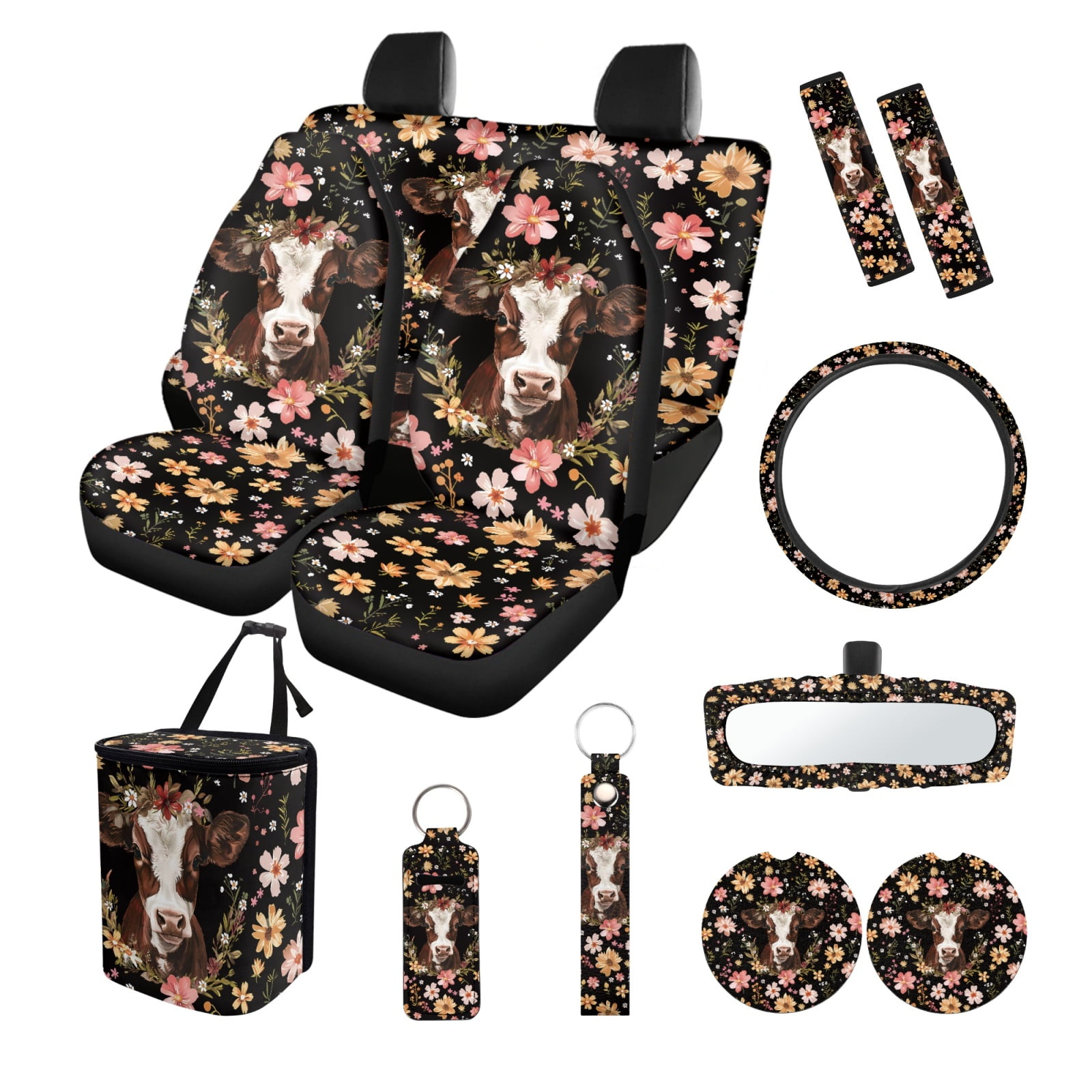 Jeiento Cow 13 Pcs Car Interior Accessories Full Set Car Seat Covers Steering Wheel Cover Seat Belt Cover Trash Bag Floral Rearview Mirror Cover Car Coasters Lipstick Covers Fit for Sedans SUVs