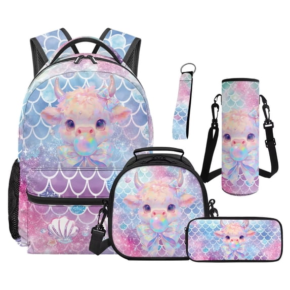 Jeiento Cow Backpack Set of 5 Kawaii 17 Inch Soft Backpack with Lunch Bag Pencil Case for 9-12 Years Old Elementary to Middle School Gift for Sister