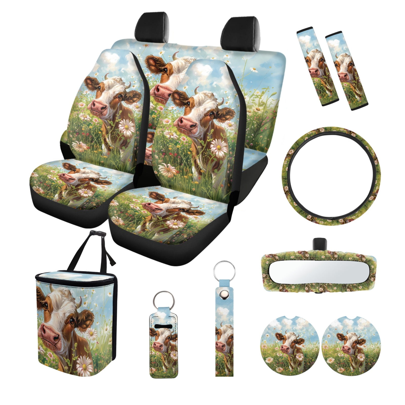Jeiento Cow Car Seat Covers Full Set with Steering Wheel Cover Seat Belt Strap Cover Flowers Car Garbage Bag Rearview Mirror Protective Cover Cup Coasters Keychain Lip Gloss Holder 13 Pack