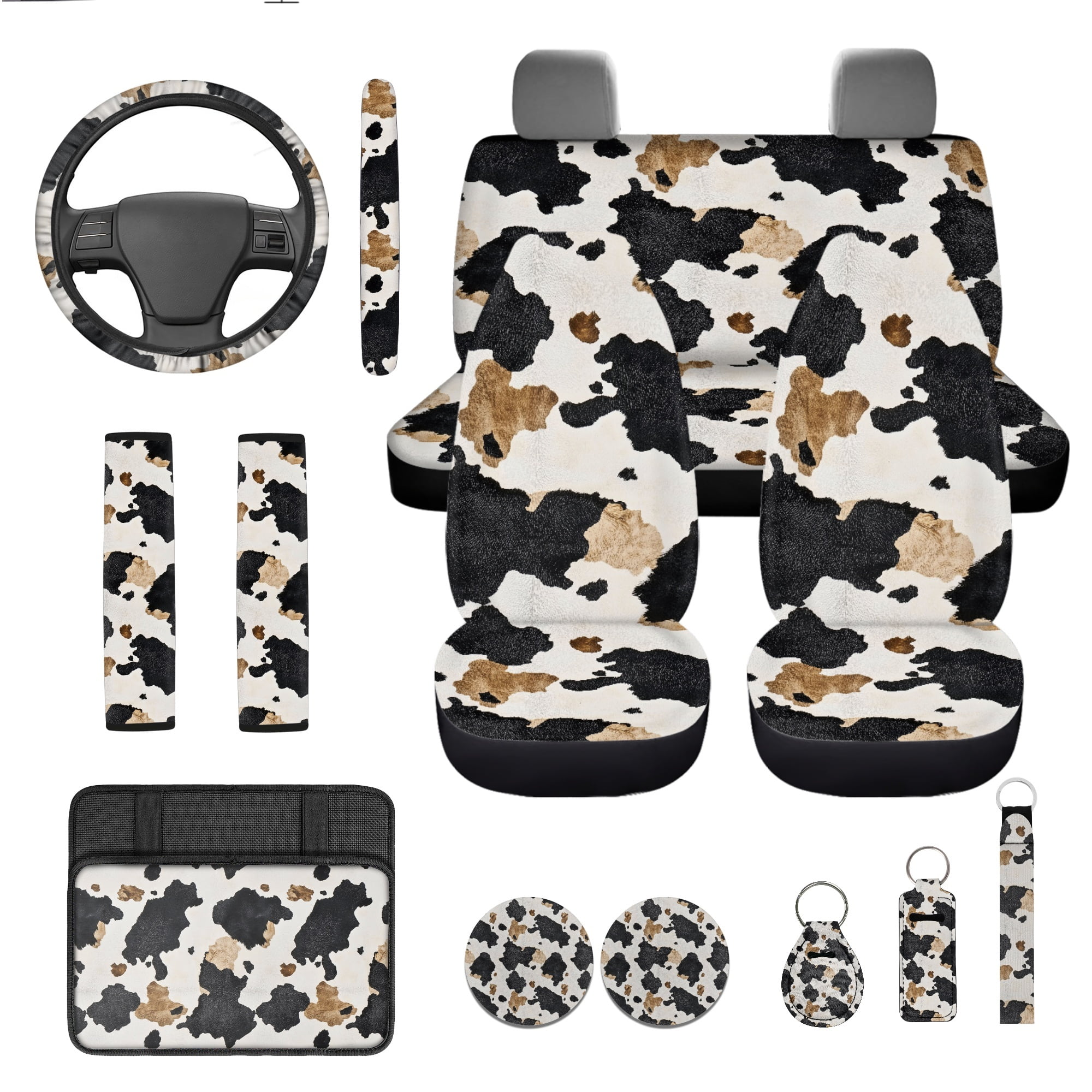 Jeiento Cow Print 13 Pack Car Seat Cover Set, Including Steering Wheel, Auto Seatbelt Pads, Cup Coasters, Armrest, Keychains, Chapstick Holder, Black Brown Car Accessory Interior Decor