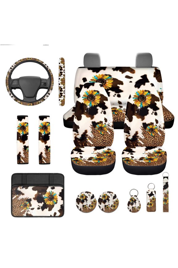 Cow Print 13 Pack Car Seat Cover Set with Steering Wheel, Seat Belt Strap, Armrest, Sunflower Coaster, Leopard Print Keychain, Lipstick Holder Universal Automobile Interior Sets