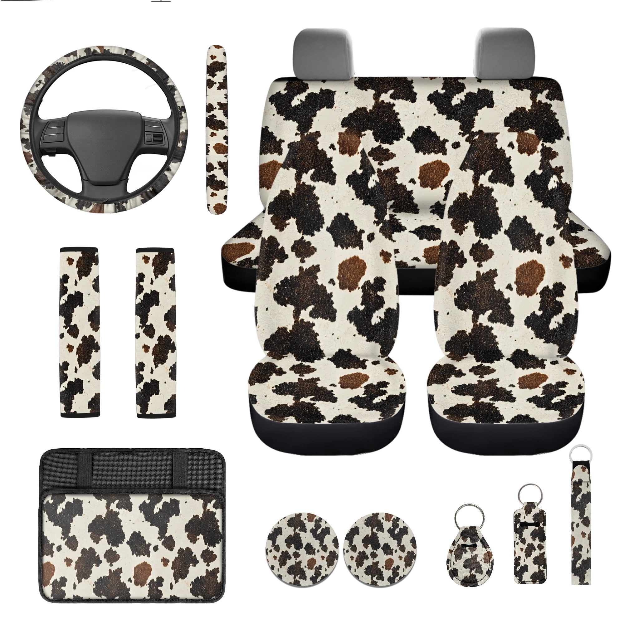 Jeiento Cow Print 13 Pcs Car Seat Covers Full Set with Steering Wheel Covers Seatbelt Pads Car Armrest Cover Cup Coaster Key Ring Lipstick Sleeve Interior Auto Accessory