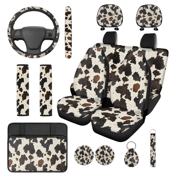 Jeiento Cow Print Auto Seat Cover Full Set 14 Pack Car Accessories Steering Wheel Cover Armrest Cover Seatbelt Shoulder Pad Headrest Covers Cup Mat Key Ring, Brown Black