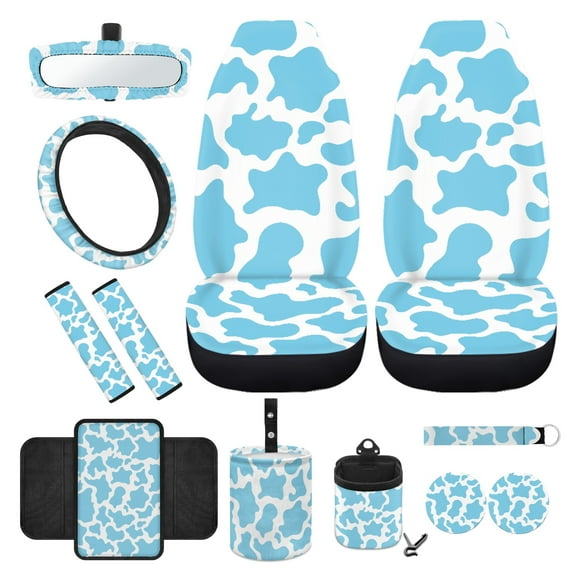 Jeiento Cow Print Car Front Seat Cover Set with Steering Wheel Cover Seat Belt Covers Trash Can Armrest Cover Rear View Mirror Cover Coasters Keychain Air Vent Pouch, 12 Pack, Blue Auto Accessory