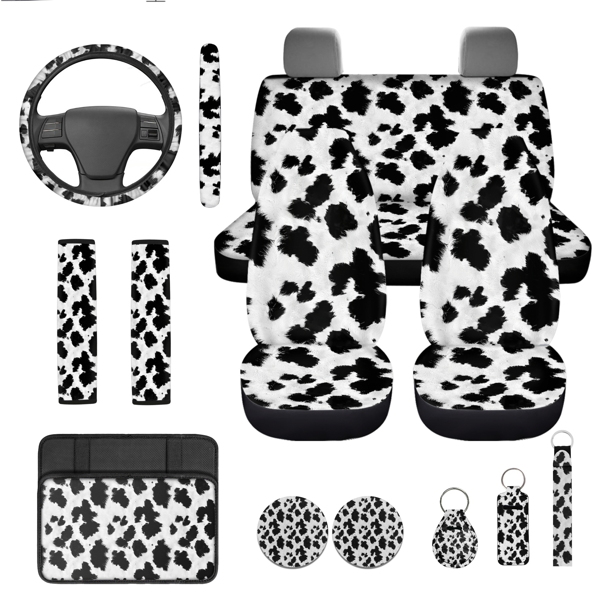 Jeiento Cow Print Car Seat Cover Set with Steering Wheel, Seat Belt Strap, Armrest, Coaster, Keychain, Lipstick Holder Black Universal Automobile Interior Sets Fit SUV, Sedan, Van, Truck