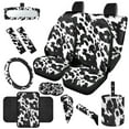 thumbnail image 1 of Jeiento Cow Print Car Seat Cover Split Covers 14 PCS, Steering Wheel Cover Seat Belt Pads Waste Basket Bin Rearview Mirror Cover Cup Holder Center Console Cover Handbrake Cover Gear Shift Cover, 1 of 7