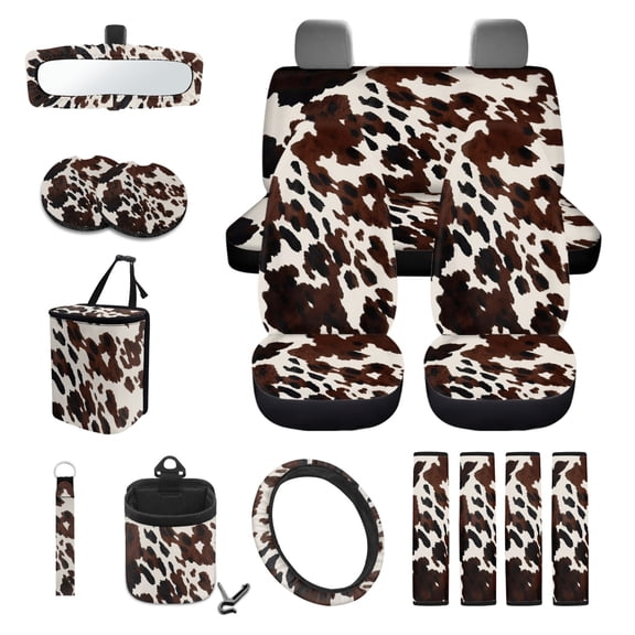 Jeiento Cow Print Car Seat Cover Split Covers for Women Men Car Steering Wheel Cover Seat Belt Pads Trash Bin Mount Phone Holder Rearview Mirror Cover Cup Holder Wrist Key Chain 15 PCS Set