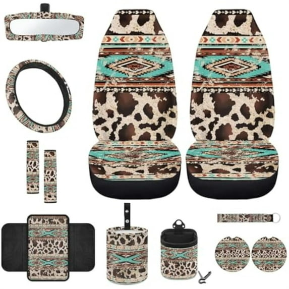 Jeiento Cow Print Front Car Seat Covers Full Set 12 PCS with Steering Wheel Cover Seat Belt Pads Armrest Cover Coasters Trash Bin Hanging Storage Bag Coasters Rearview Mirror Cover Key Ring Brown