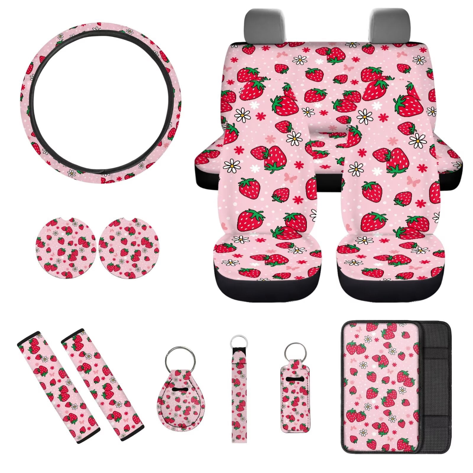 Jeiento Cute 13 Piece Car Seat Cover Set with Steering Wheel Cover Seatbelt Strap Pad Armrest Pad Cup Coasters Key Chain Pink Strawberry Automobile Interior Sets Fit for Van Truck SUV Sedan