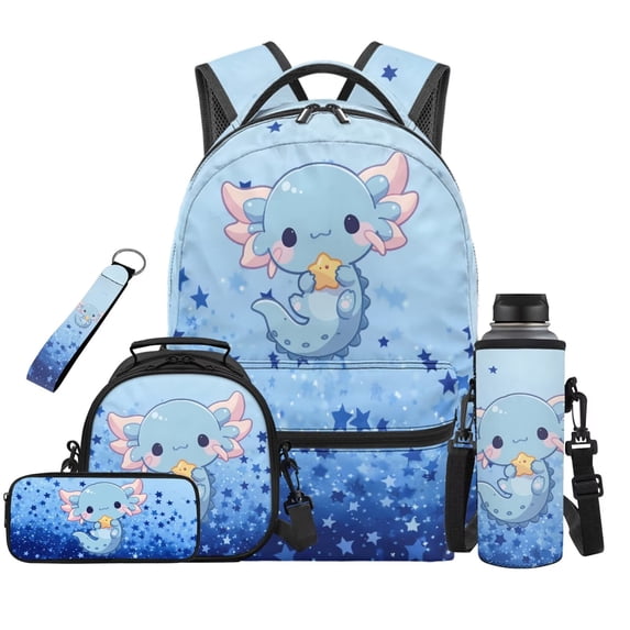 Jeiento Cute Axolotl Backpack for Girls 8-10 Elementary School 17 inch Lightweight Bookbag with Lunchbox Water Bottle Sleeve Pencil Case Keychain Set of 5 Suitable for 3rd-5th Grade