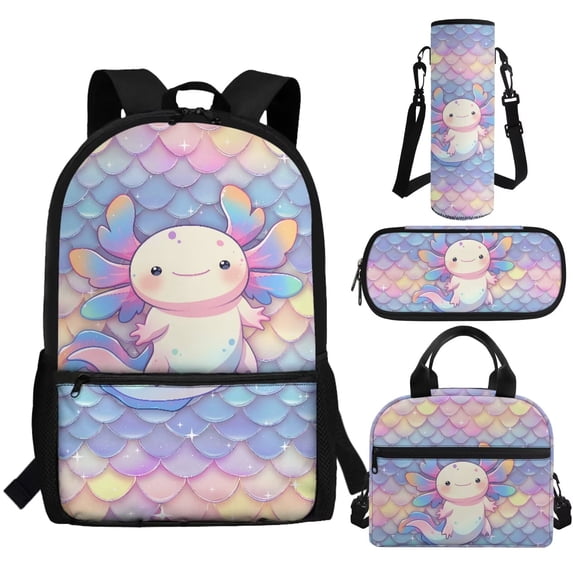 Jeiento Cute Axolotl Backpack for School Girls 10-12 Kids Backpacks with Lunch Box and Pencil Case Water Bottle Holder Fish Scale 4Pcs/Set Middle School Bag Primary Students Bookbag Satchel