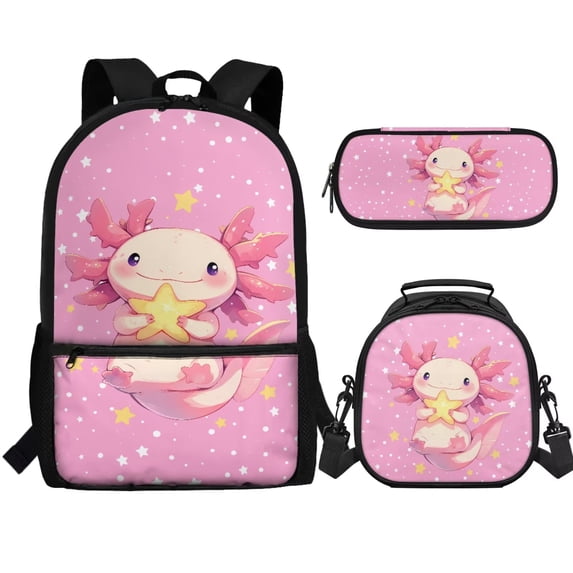 Jeiento Cute Axolotl Girls Backpack and Lunch Box Set Primary School Bookbag 4th Grade Kids Preschool Book Bag with Lunch Bag Pencil Box 3pcs Pink Backpacks with Lunch Tote Bag