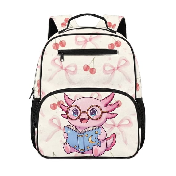 Jeiento Cute Axolotl Kids Backpack for Boys, 13.5 Inch Toddler Preschool Bag, Lightweight Bookbag with 2 Front Pockets & Mesh Side Pockets