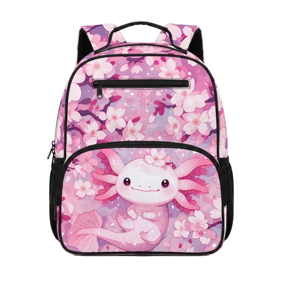 Jeiento Cute Axolotl Toddler Preschool Bookbag 13.5", Large Compartment Kids Backpack with Mesh Sides, Cherry Blossom Multi-Pocket Design for Girls Daycare