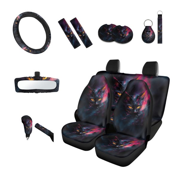 Jeiento Cute Black Cat Car Seat Cover Full Set 14 PCS, with Steering Wheel Cover Seatbelt Pad Coasters Rear View Mirror Cover Key Chain Gear Shift Knob Cover Set Fit for SUV Van Truck Sedan