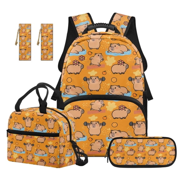 Jeiento Cute Capybara Backpack and Lunch Box Set for Kids Boys Girls 4 Piece Backpack, Lunch Bag, Pencil Case, Bookmarks, for Elementary Back to School