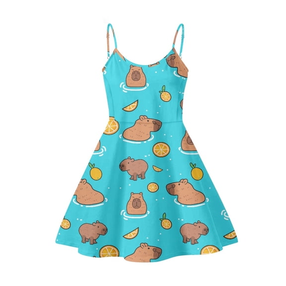 Jeiento Cute Capybara Dress for Women Breathable Casual Sleeveless High Waistline Dresses with Spaghetti Strap for Summer Decor Size XS