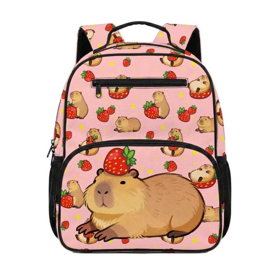 Jeiento Cute Capybara Lightweight Polyester Toddler Bookbag, Strawberry Preschool Backpack with Front Pockets, Dual Use Kids School Bag for Daycare Outdoor Activities