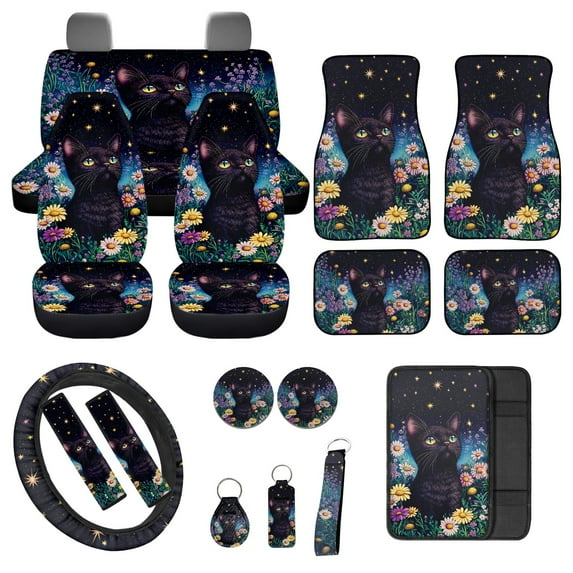 Jeiento Cute Cat 17 Piece Car Seat Cover Full Sets Car Accessories Set includes Car Front and Back Floor Mats Steering Wheel Covers Armrest Cover Flower Seat Belt Pads Coaster Keychain
