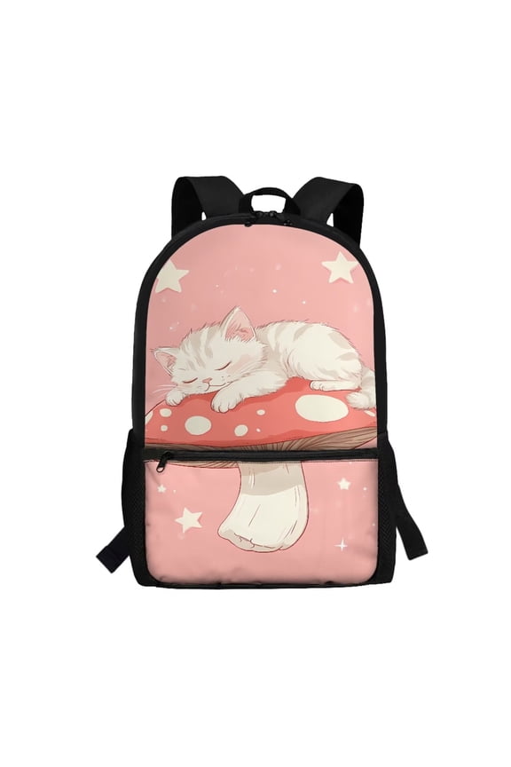 Cute Cat Back Pack for Girls Travel Backpack 17 inch Schoolbag for Primary Elementary Middle School Mushroom Kids Book Bag Back to School Supplies Back Pack Pink