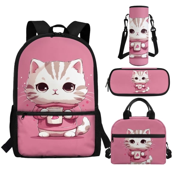 Jeiento Cute Cat Backpack for Girls 6-8 8-10 Kids Backpack with Lunch Box 4-IN-1 Set Cute School Bag for Elementary Kindergarten Preschool 17 Inch Child Bookbag Satchel Pink