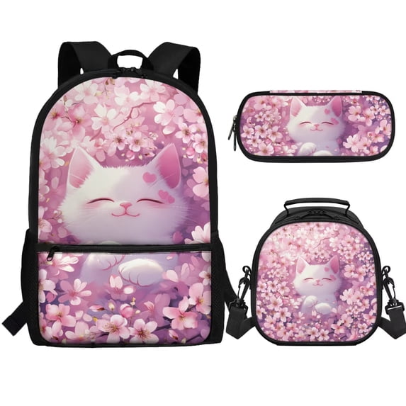 Jeiento Cute Cat Backpack for School Girls 6-8 8-10 10-12 Elementary School Bag with Lunch Box Pencil Case Pink Cherry Blossom Preschool Middle Bookbag Back Packs for Kids Daycare Satchel Bagpack