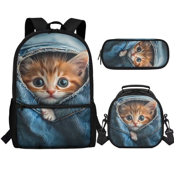 Jeiento Cute Cat Backpack for Girls 3 Piece Bookbag Set Lovely School Bag with Lunchbox 2nd Grade Book Bags for Kids Travel Rucksack