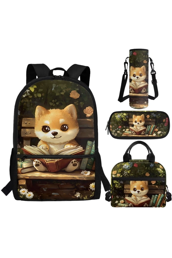 Cute Cat Bookbag and Lunch Box Set for Kids 6-8 Backpack for Girls with Lunch Bag Water Bottle Carrier Bag Pencil Box Primary Schoolbag for 4th Grade, 4 in 1