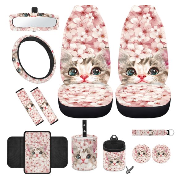 Jeiento Cute Cat Car Seat Covers Full Set 12 Pcs Front Seat Cover Steering Wheel Cover Seatbelt Pads Armrest Cover Trash Can Air Vent Holder Rearview Mirror Cover Pink Flower Coasters Keychain