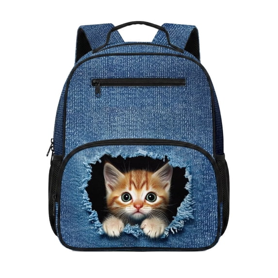 Jeiento Cute Cat Toddler Backpack for Girls 2-5, 13.5 Inch Preschool School Bag, Lightweight Kids Backpack with 2 Front & 2 Side Mesh Pockets, Blue