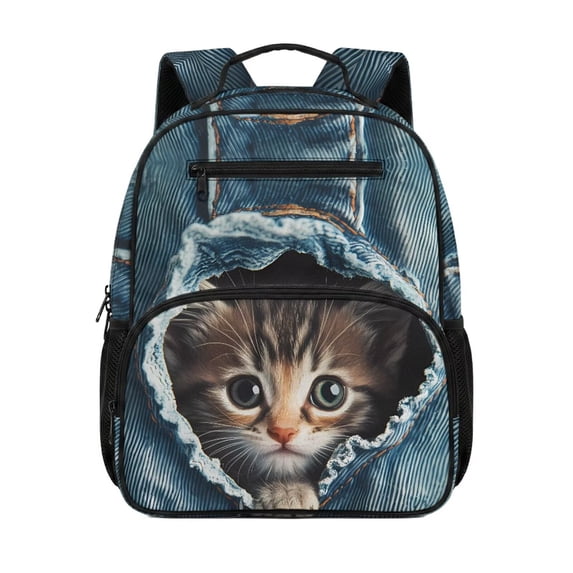 Jeiento Cute Cat Toddler School Backpack for Girls 2-5, 13.5 Inch Lightweight Preschool Bag for Kids, 2 Front + 2 Mesh Side Pockets Bookbag with Top Handle