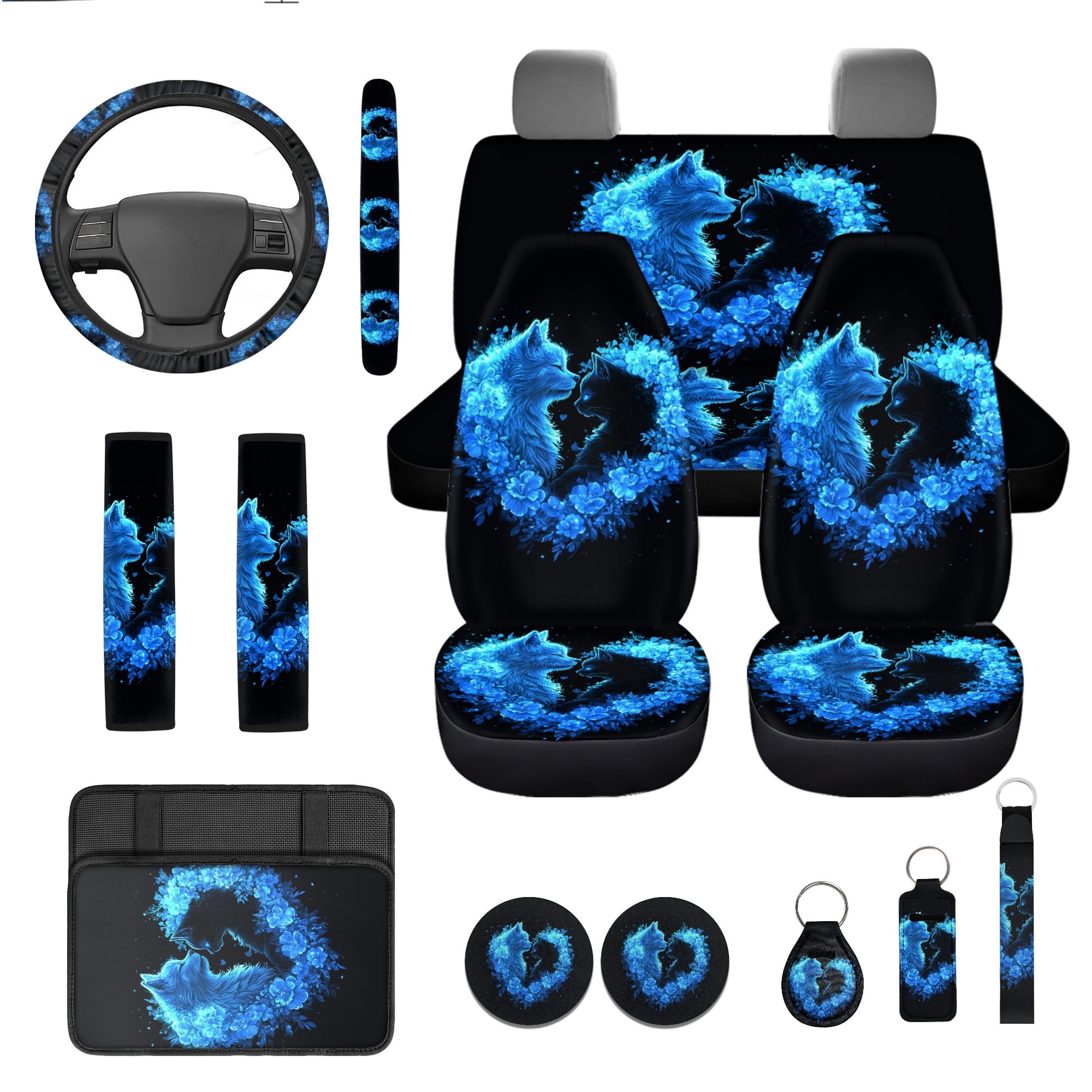 Jeiento Cute Cats Car Seat Covers Full Set with Steering Wheel Cover Safe Belt Pads Coasters Center Console Cover Love Heart Keychain 13 PCS Auto Interior Sets Fit for Most Vehicles