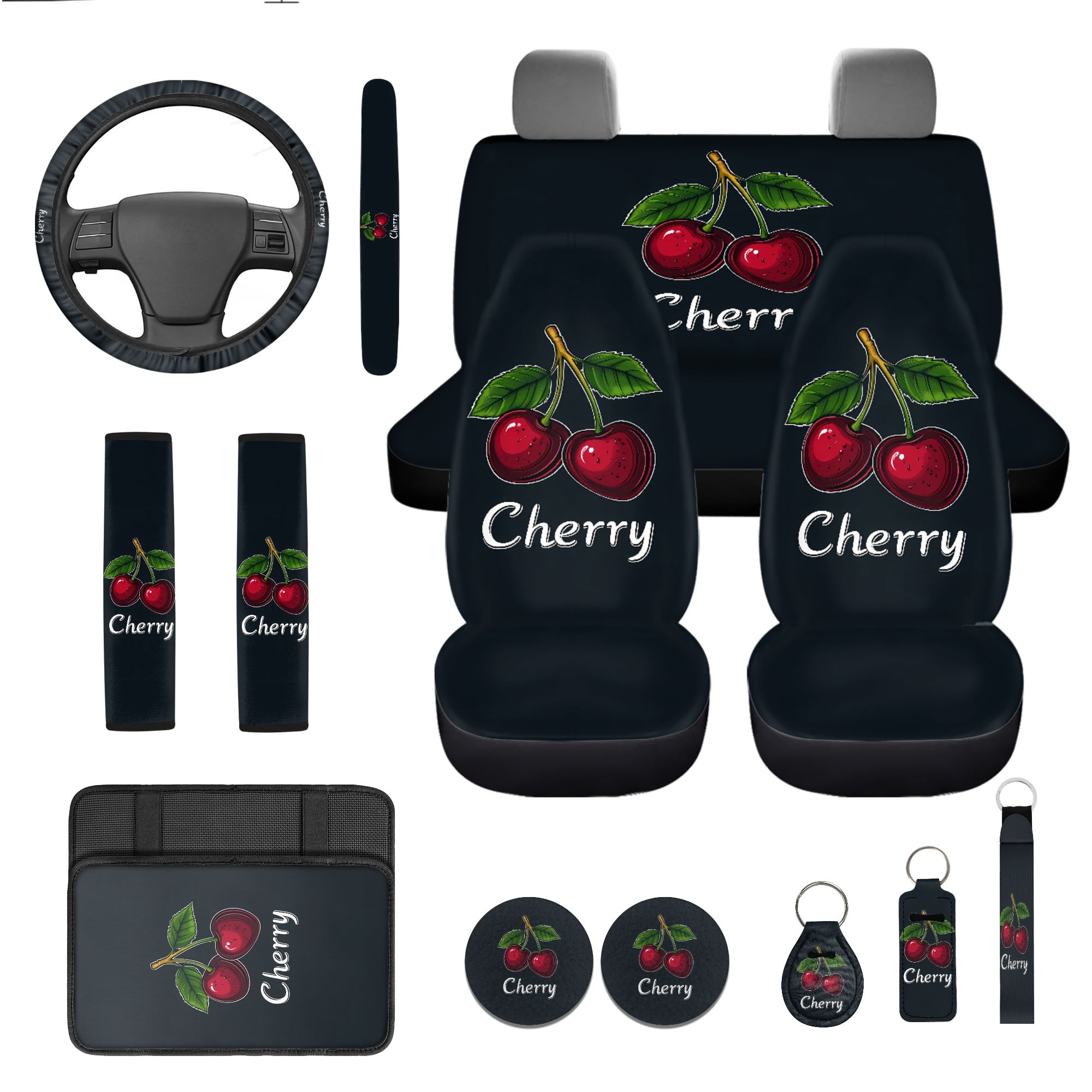 Jeiento Cute Cherry Car Seat Covers Full Set Auto Interior Accessories 13 Pcs Car Accessories with Steering Wheel Cover, Seat Belt Pads, Armrest Cover, Keychains, Lipstick Holder, Universal Fit