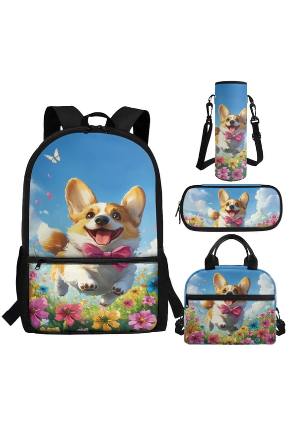 Cute Corgi Backpack and Lunch Box for Boys 4-6 6-8 8-10 Kids Girls Bookbag Sets 4Pcs Elementary School Bag with Lunch Bag Pencil Case Water Bottle Sleeve Flower Back Packs Satchel Blue