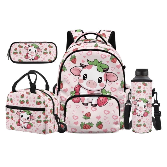 Jeiento Cute Cow Kids Girls Backpack Set 17 Inch 4-Piece Lunch Bag Pencil Case Water Bottle Holder Pink Lightweight Large Capacity School Bookbag for Elementary Middle School Students