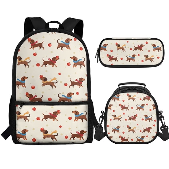 Jeiento Cute Dachshund Backpack and Lunch Box Set for Girls 7-10 10-12 School Bags Elementary Bookbag with Lunch Bag Pencil Case Middle Preschool Bagpack Kids Daycare Rucksack Satchel Beige