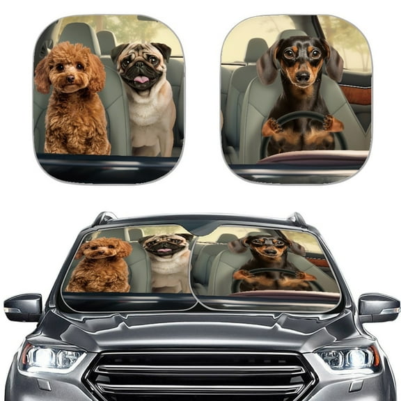 Jeiento Cute Dog Driver Windshield Sun Shade 2 PCS Car Front Window Sunshade for Most Sedans SUV Truck Drive Windshield Sun Shade Auto Accessories Blocks Max UV Rays and Keeps Your Vehicle Cool