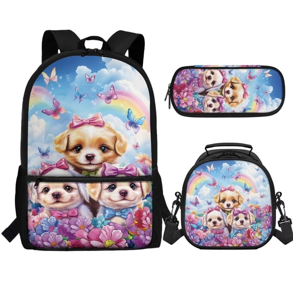 Jeiento Cute Dog Family Backpack for School Girls Elementary Bookbag with Lunch Box Pencil Case Primary School Bag Set 3 In 1 Rucksacks for Kids Child Bagpack Travel Daypack Satchel