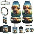 thumbnail image 1 of Jeiento Cute Highland Cow Automobile Interior Sets Front Seat Protector Steering Wheel Cover Seatbelt Pads Armrest Cushion Trash Bag Rearview Mirror Cover Air Vent Pouch Coasters Keychain 12 PCS, 1 of 6